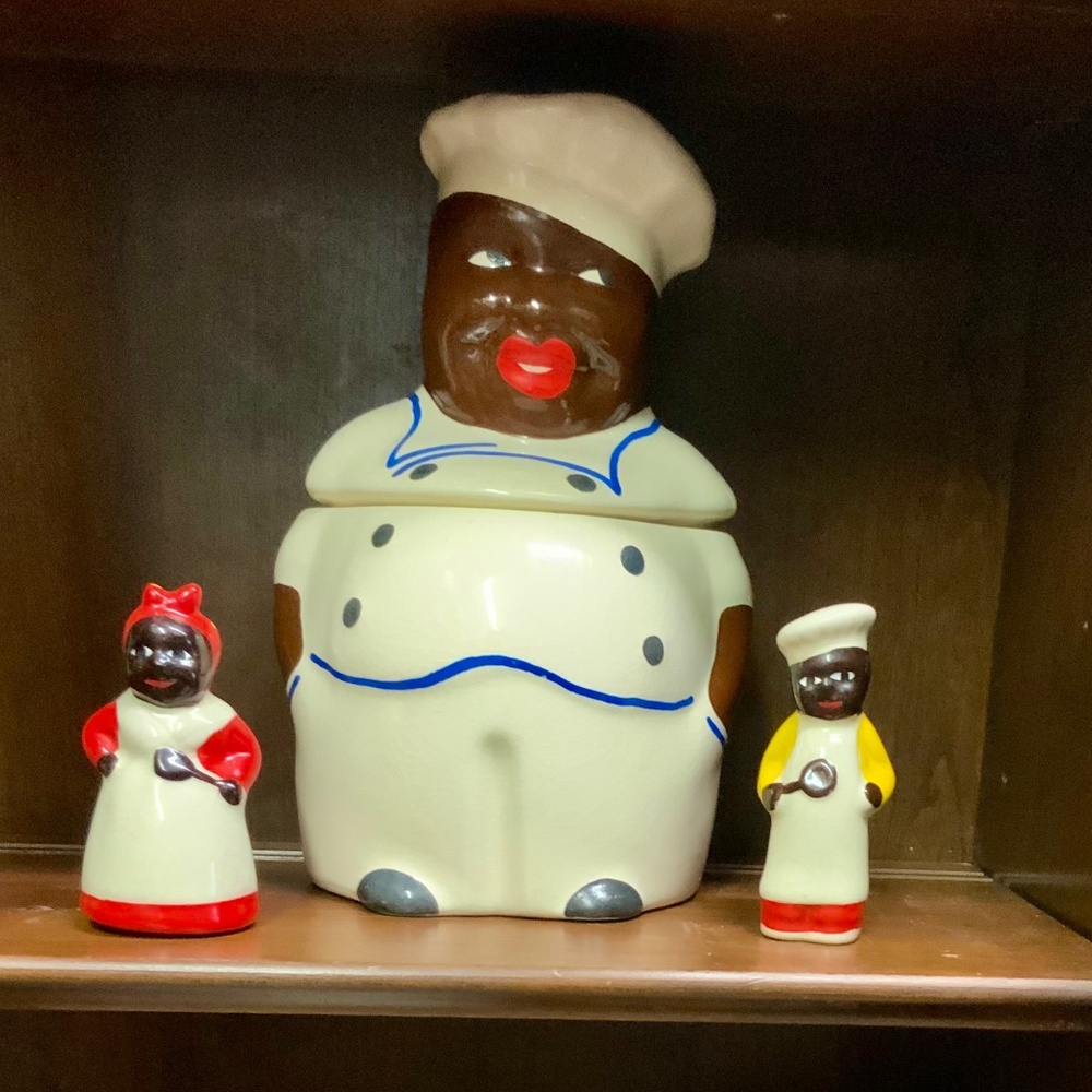 Black Americana Cookie Jar, “Cooky”, plus matching Salt & Pepper Shakers.